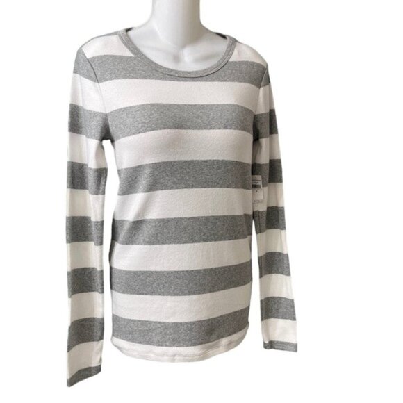 GAP Women The Modern Tee Gray & White Striped Long Sleeve Crewneck Supima Cotton - Picture 4 of 9